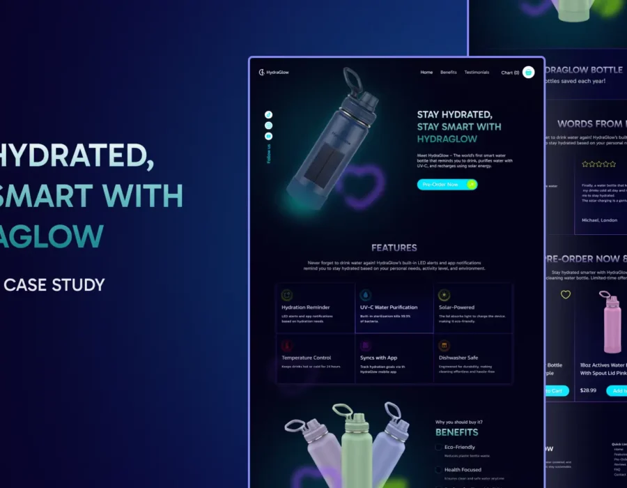HydraGlow – Smart Water Bottle Landing Page Design