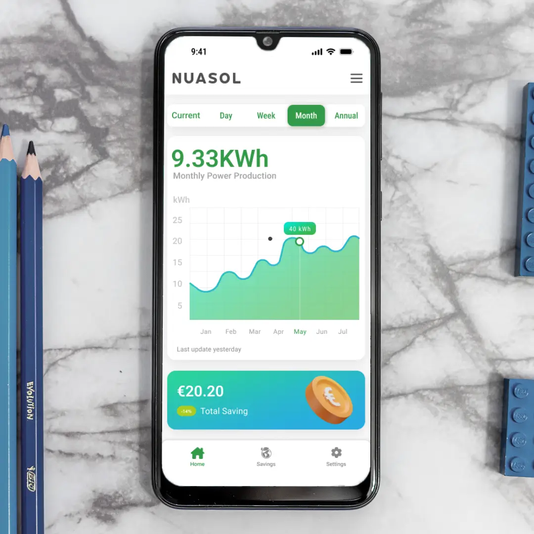 The Nuasol app showing monthly power production